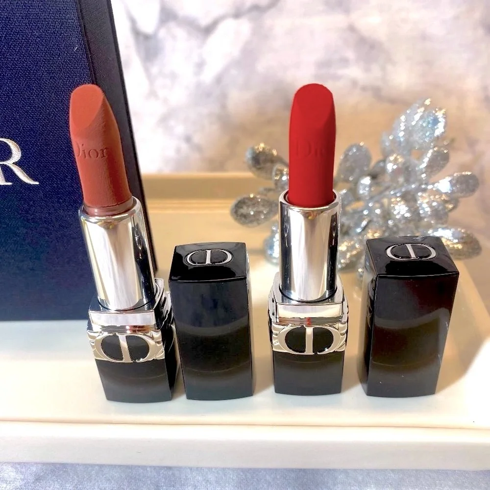 DIOR Rouge Lipstick Twin Set-999 & 100 Velvet-16hr, Shea Butter-2pc-BOXED-NEW